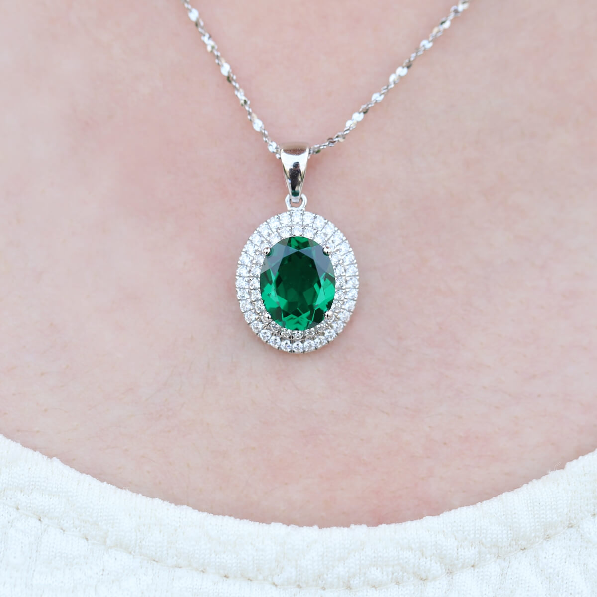 Created Emerald Double Row Halo Pendant for Women 925 Sterling Silver