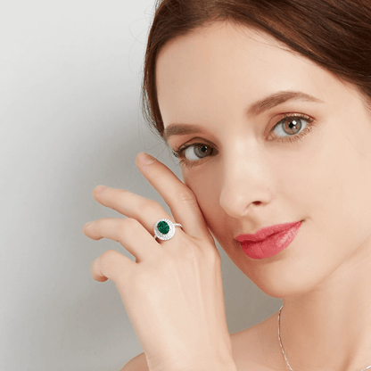 Created Emerald Double Row Halo Ring for Women 925 Sterling Silver