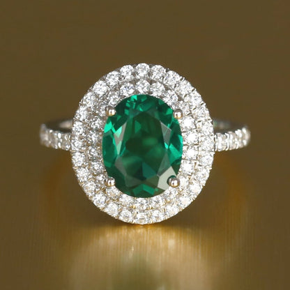 Created Emerald Double Row Halo Ring for Women 925 Sterling Silver