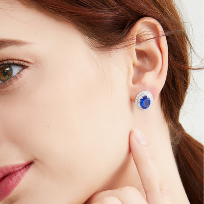 Created Sapphire Double Row Halo Earrings for Women 925 Sterling Silver