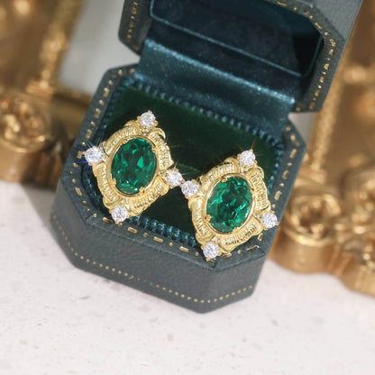 Italian Vintage Lab Created Emerald Stud Earrings for Women | 925 Sterling Silver Gold Plated