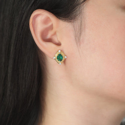 Italian Vintage Lab Created Emerald Stud Earrings for Women | 925 Sterling Silver Gold Plated