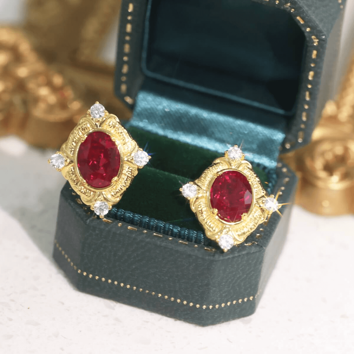 Italian Vintage Lab Ruby Stud Earrings in 925 Sterling Silver Gold Plated