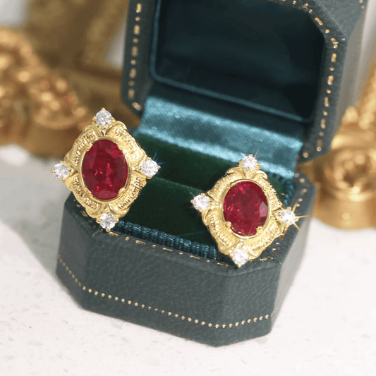 Italian Vintage Lab Ruby Stud Earrings in 925 Sterling Silver Gold Plated