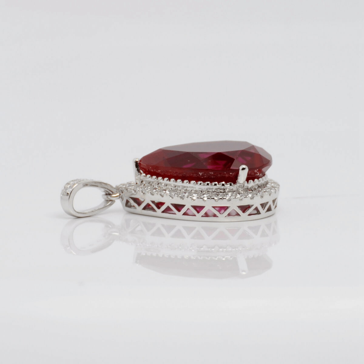 Luxury Pear Cut Lab Ruby Halo Pendant Necklace in 925 Sterling Silver White Gold Plated