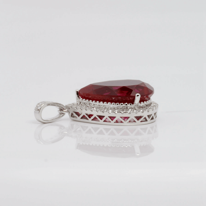 Luxury Pear Cut Lab Ruby Halo Pendant Necklace in 925 Sterling Silver White Gold Plated