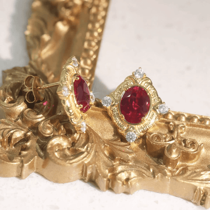Italian Vintage Lab Ruby Stud Earrings in 925 Sterling Silver Gold Plated
