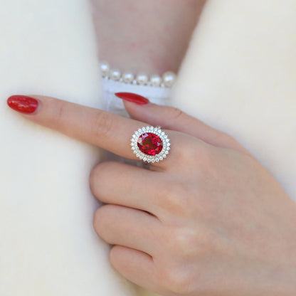 Luxury Oval Lab Created Ruby Ring for Women 925 Sterling Silver Double Halo Vintage Inspired Statement Ring
