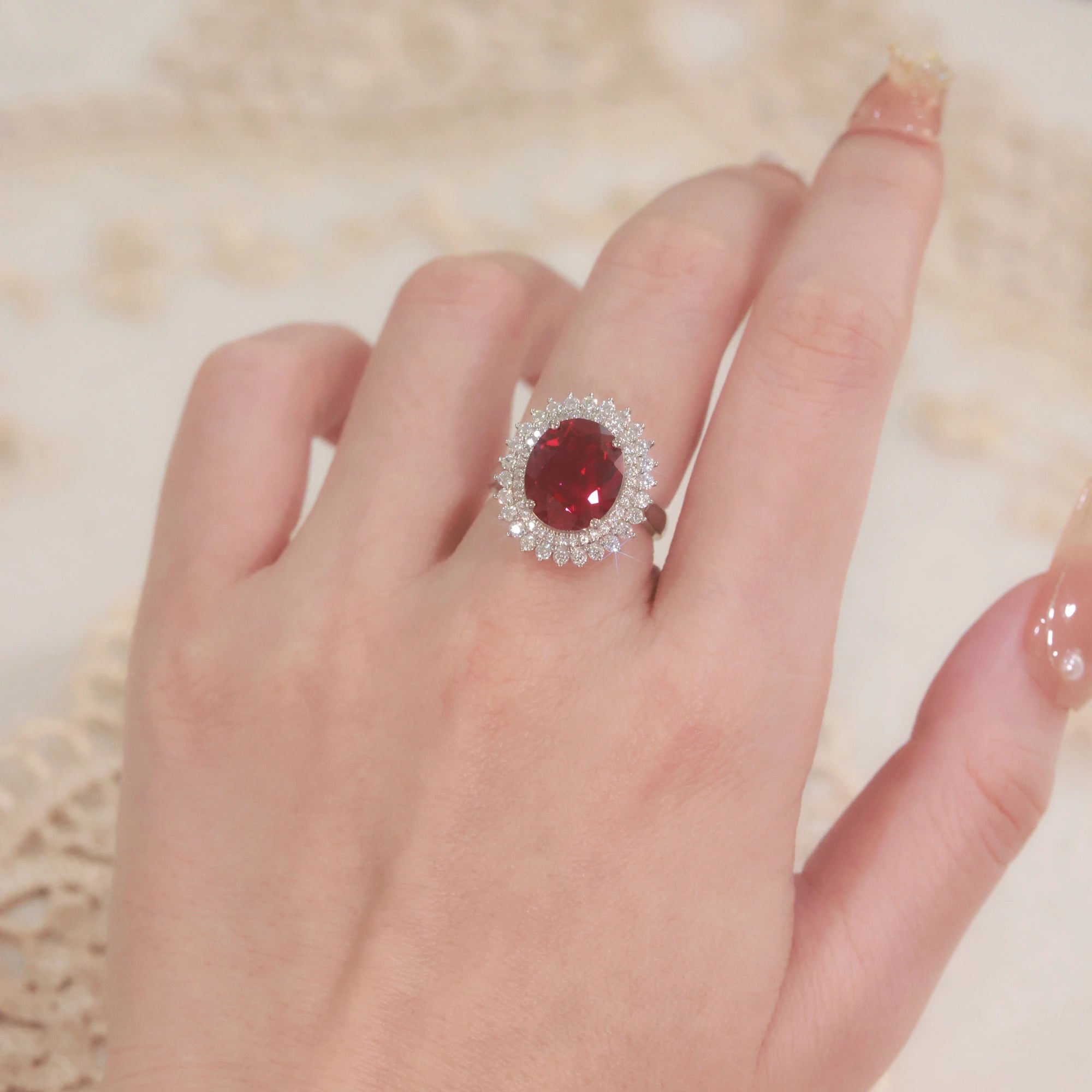 Luxury Oval Lab Created Ruby Ring for Women 925 Sterling Silver Double Halo Vintage Inspired Statement Ring
