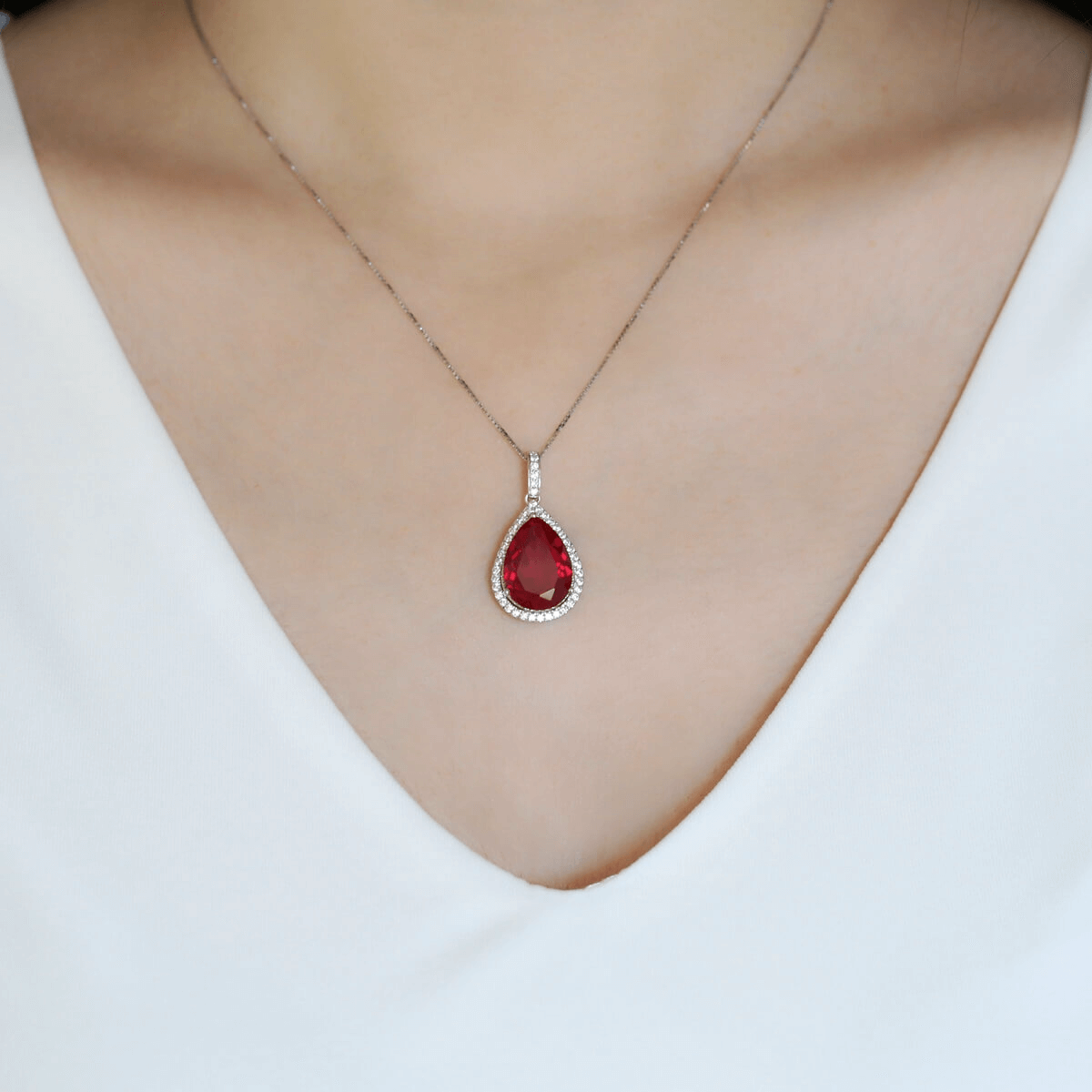 Luxury Pear Cut Lab Ruby Halo Pendant Necklace in 925 Sterling Silver White Gold Plated