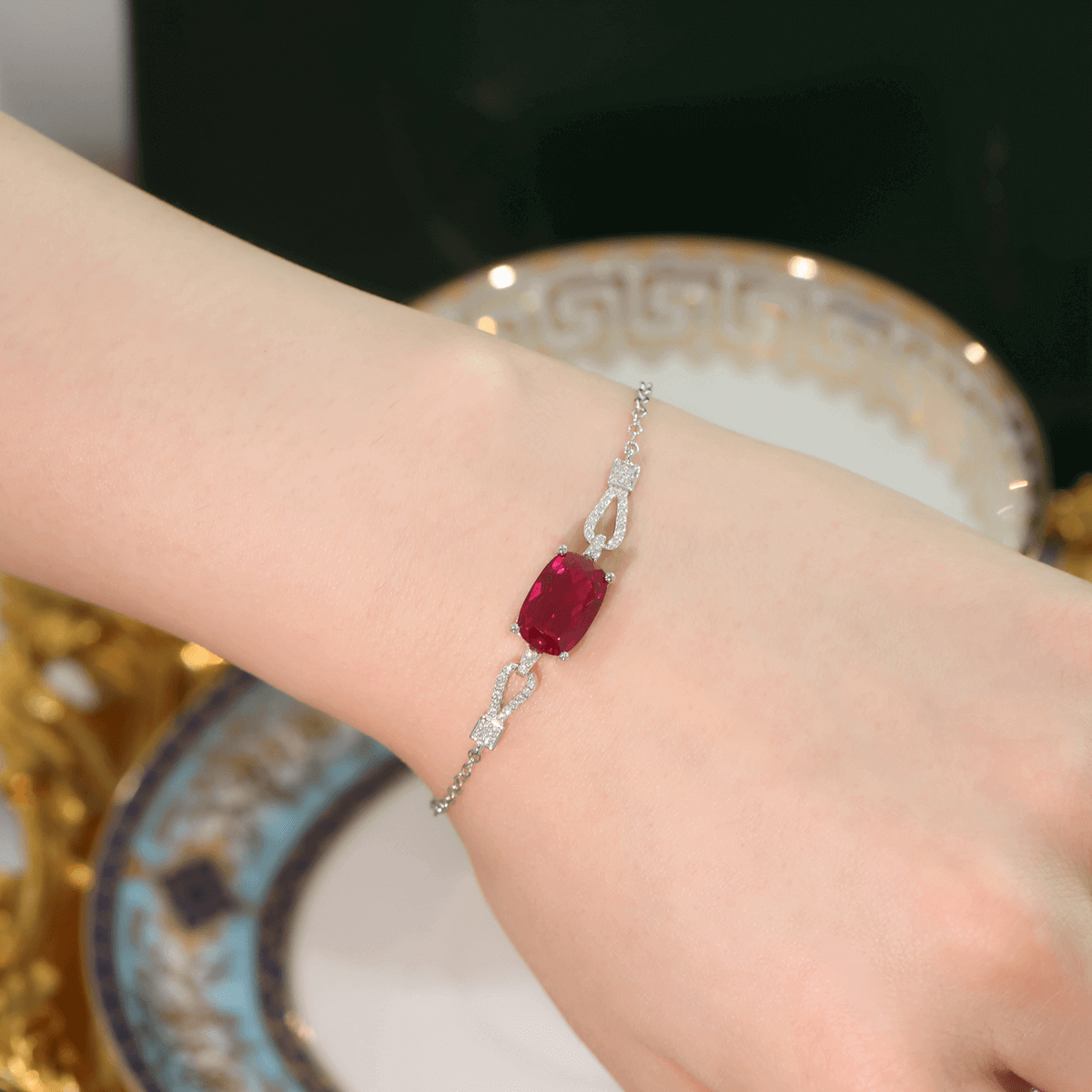 Cushion Cut Lab Created Ruby Bracelet with Micro Pave Accents | 925 Sterling Silver White Gold Plated