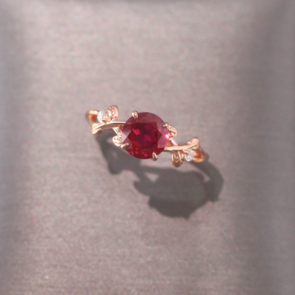 Rose Gold Vine Leaf Ruby Ring Lab Created Ruby 925 Silver Nature Inspired Leaf Ring for Women