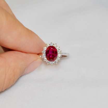 Diana Inspired Oval Lab Ruby Halo Ring Classic Elegance