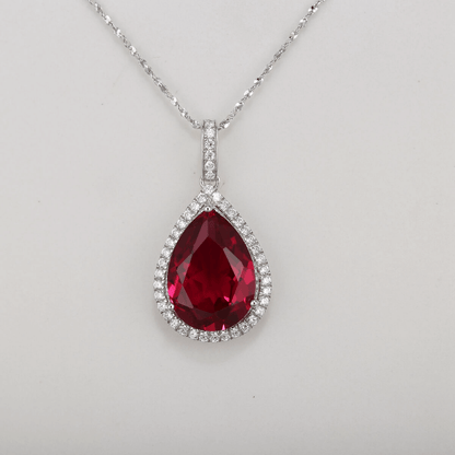 Luxury Pear Cut Lab Ruby Halo Pendant Necklace in 925 Sterling Silver White Gold Plated