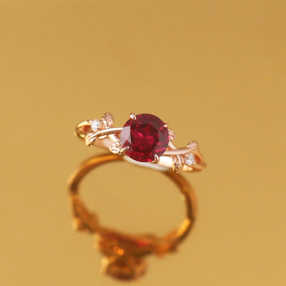 Rose Gold Vine Leaf Ruby Ring Lab Created Ruby 925 Silver Nature Inspired Leaf Ring for Women