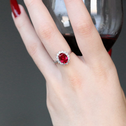 Diana Inspired Oval Lab Ruby Halo Ring Classic Elegance