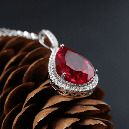 Luxury Pear Cut Lab Ruby Halo Pendant Necklace in 925 Sterling Silver White Gold Plated