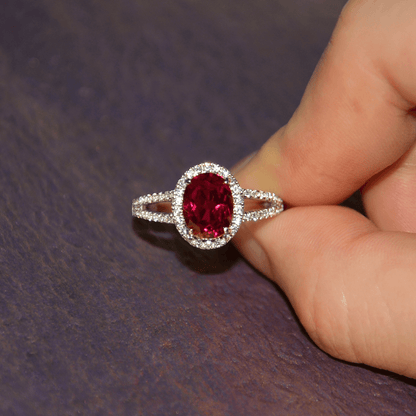 V Shaped Oval Lab Ruby Ring Slimming Sparkling Design