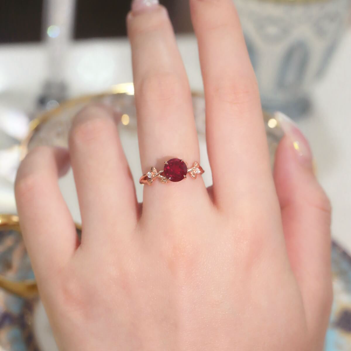 Rose Gold Vine Leaf Ruby Ring Lab Created Ruby 925 Silver Nature Inspired Leaf Ring for Women