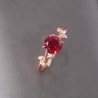 Rose Gold Vine Leaf Ruby Ring Lab Created Ruby 925 Silver Nature Inspired Leaf Ring for Women