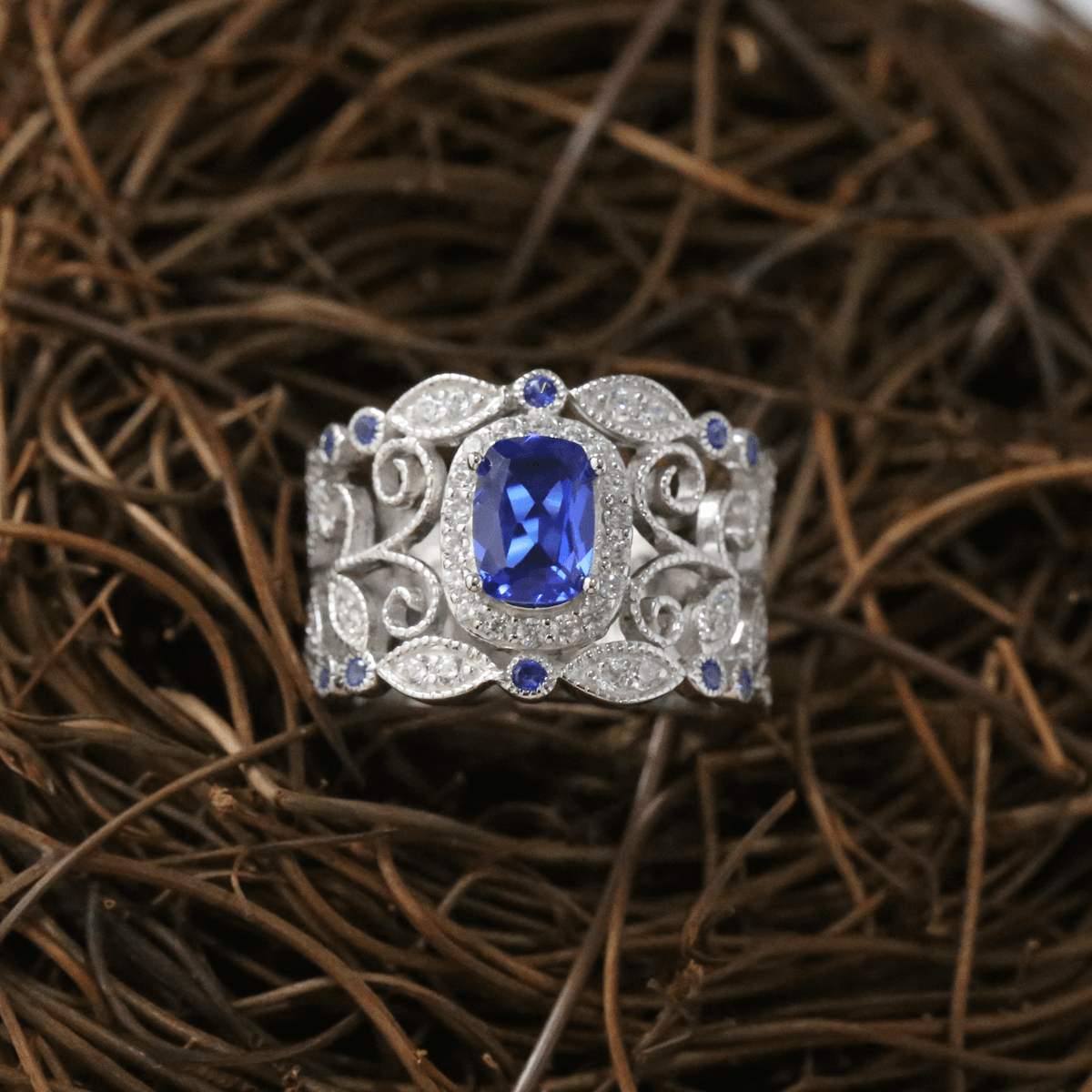 French Vintage Lace Created Blue Sapphire Ring 925 Sterling Silver