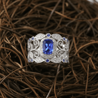 French Vintage Lace Created Blue Sapphire Ring 925 Sterling Silver