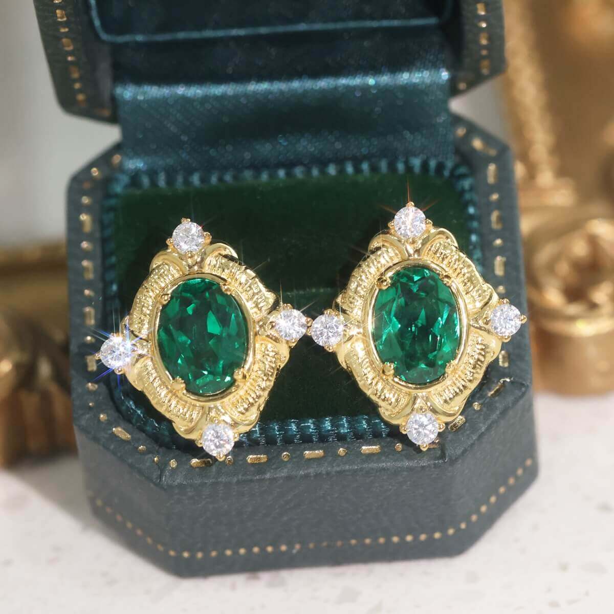 Italian Vintage Lab Created Emerald Stud Earrings for Women | 925 Sterling Silver Gold Plated