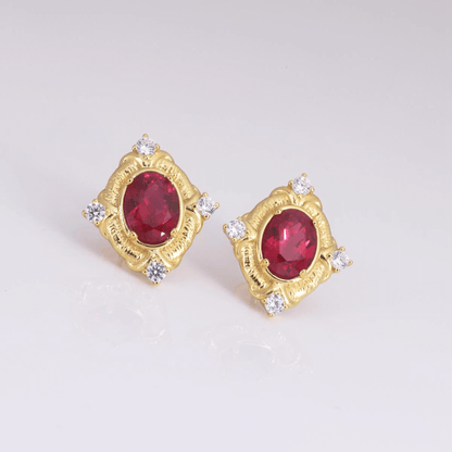 Italian Vintage Lab Ruby Stud Earrings in 925 Sterling Silver Gold Plated