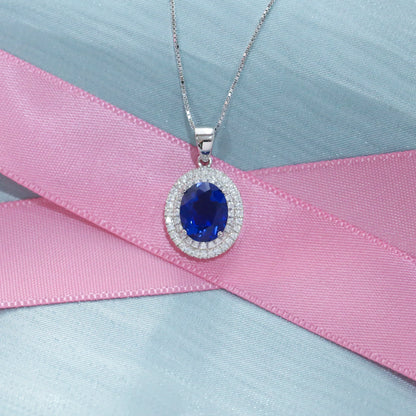 Created Sapphire Double Row Halo Pendant for Women 925 Sterling Silver