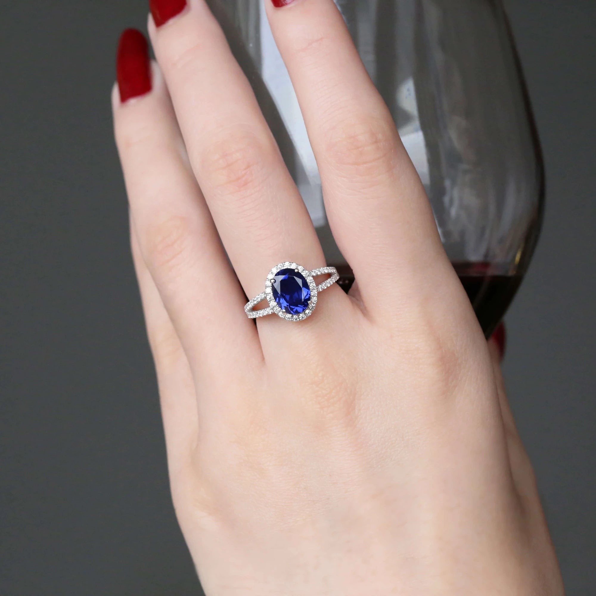 V Shaped Oval Created Sapphire Ring Slimming Sparkling Design