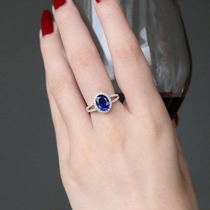V Shaped Oval Created Sapphire Ring Slimming Sparkling Design