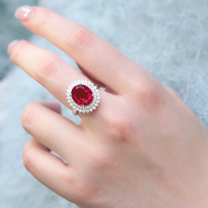 Luxury Oval Lab Created Ruby Ring for Women 925 Sterling Silver Double Halo Vintage Inspired Statement Ring