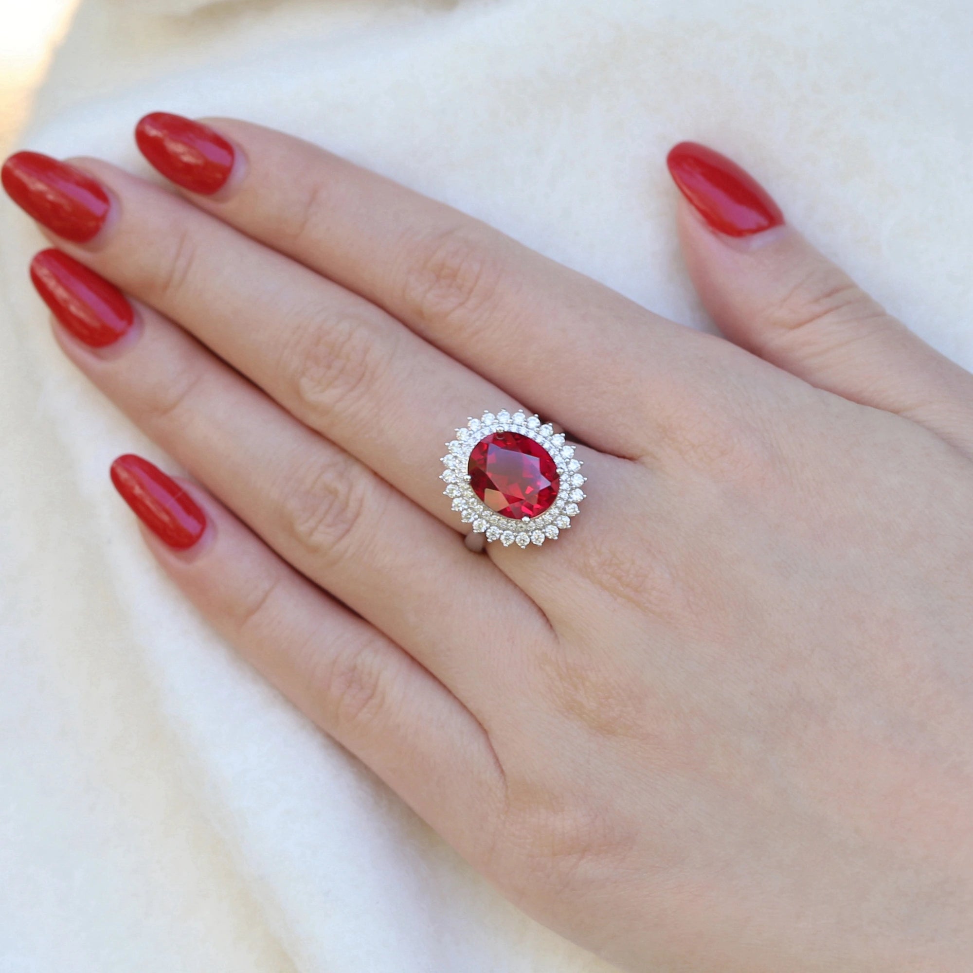 Luxury Oval Lab Created Ruby Ring for Women 925 Sterling Silver Double Halo Vintage Inspired Statement Ring