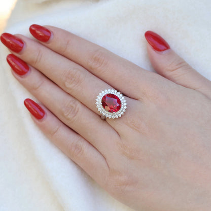 Luxury Oval Lab Created Ruby Ring for Women 925 Sterling Silver Double Halo Vintage Inspired Statement Ring