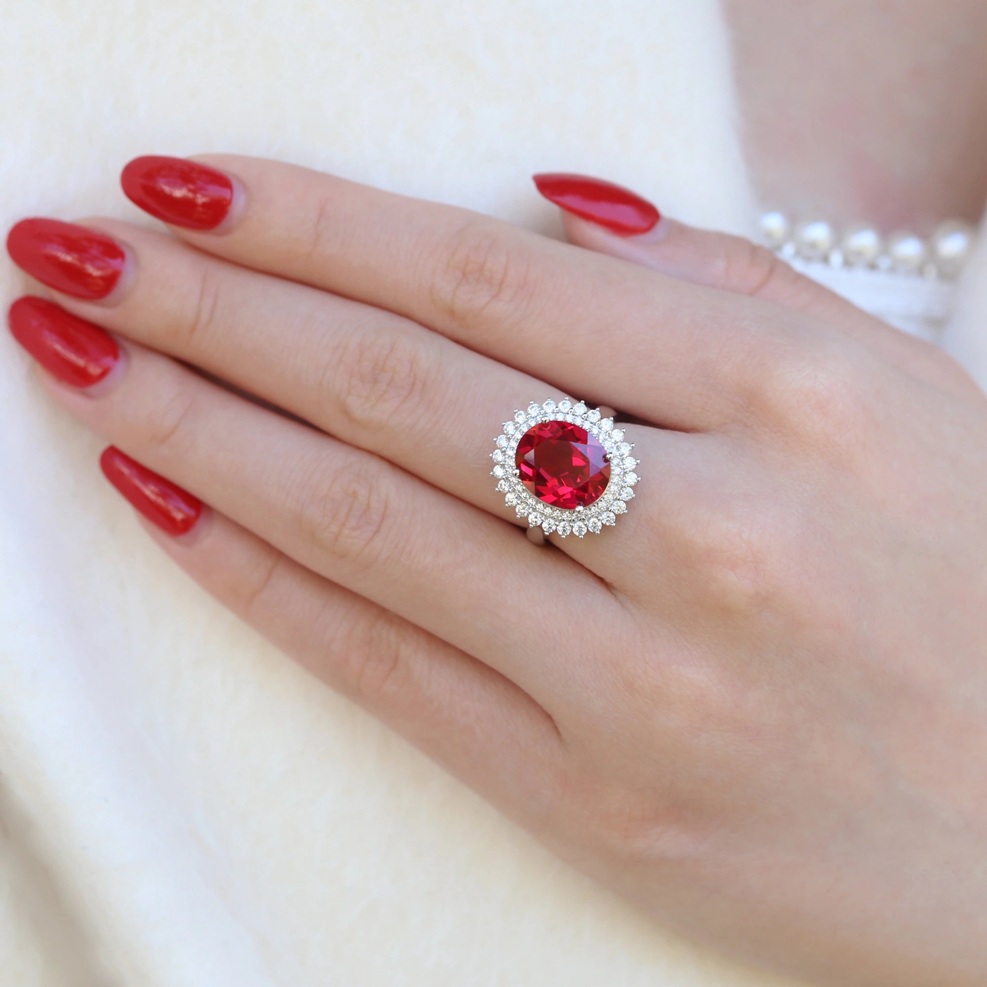 Luxury Oval Lab Created Ruby Ring for Women 925 Sterling Silver Double Halo Vintage Inspired Statement Ring