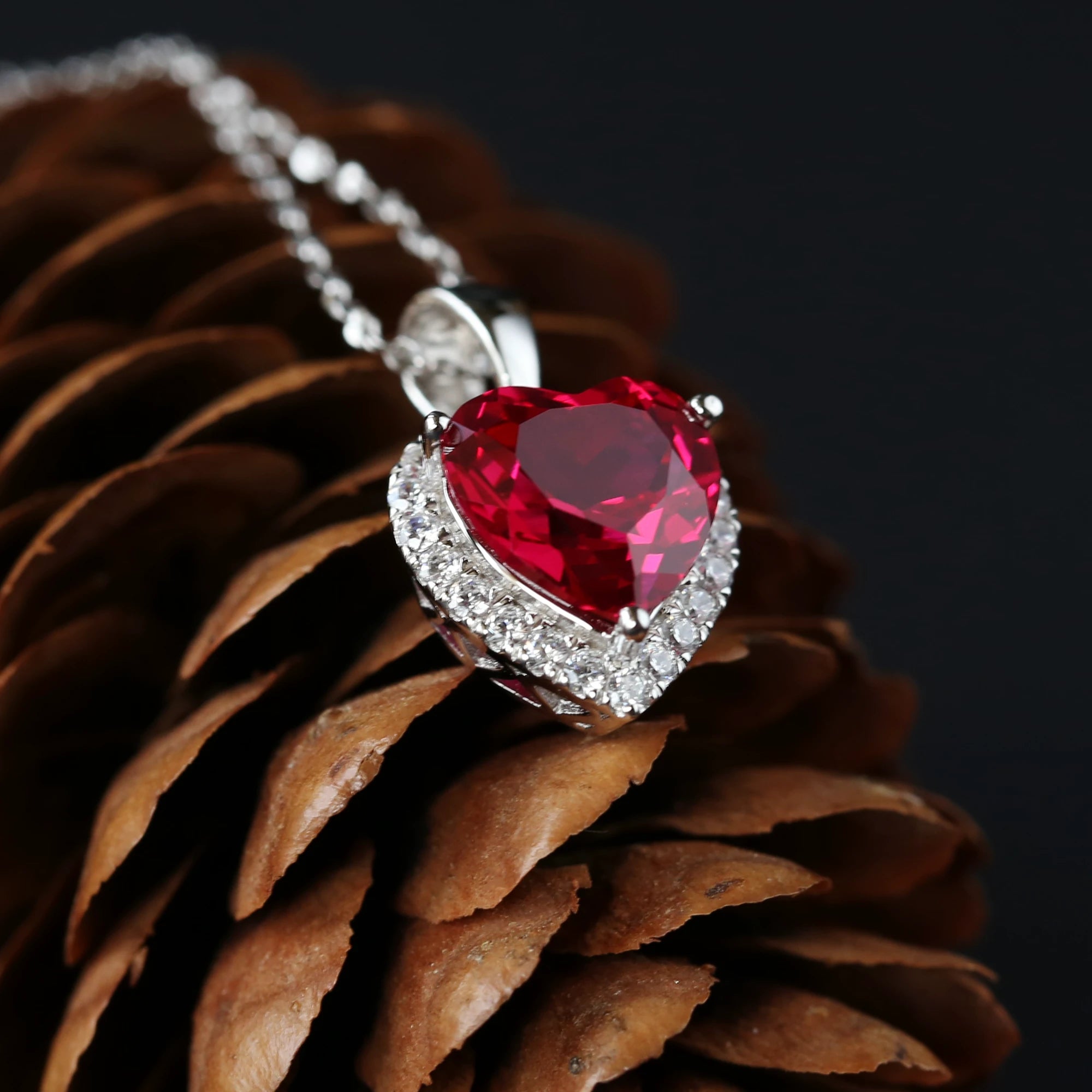 Heart Shaped Lab Created Ruby Halo Pendant Necklace | 925 Sterling Silver