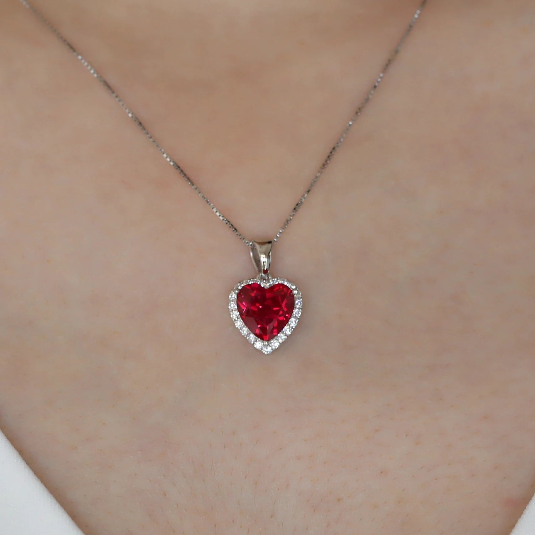 Heart Shaped Lab Created Ruby Halo Pendant Necklace | 925 Sterling Silver