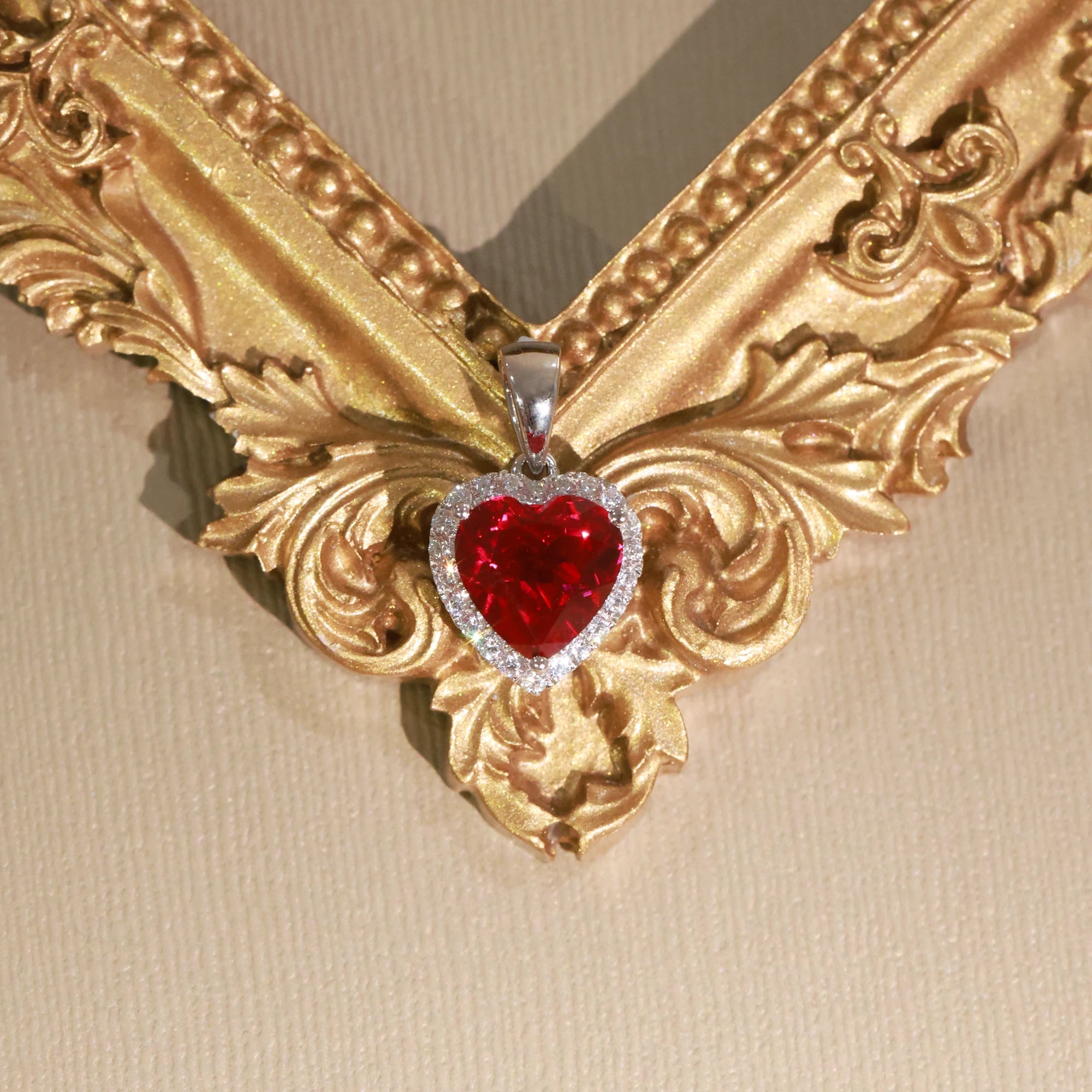 Heart Shaped Lab Created Ruby Halo Pendant Necklace | 925 Sterling Silver