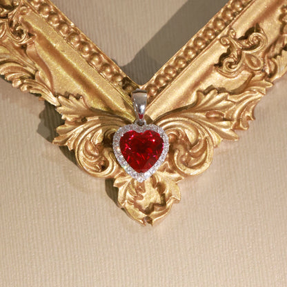 Heart Shaped Lab Created Ruby Halo Pendant Necklace | 925 Sterling Silver