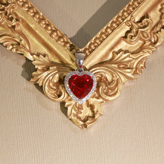 Heart Shaped Lab Created Ruby Halo Pendant Necklace | 925 Sterling Silver