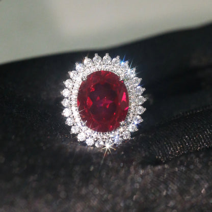 Luxury Oval Lab Created Ruby Ring for Women 925 Sterling Silver Double Halo Vintage Inspired Statement Ring