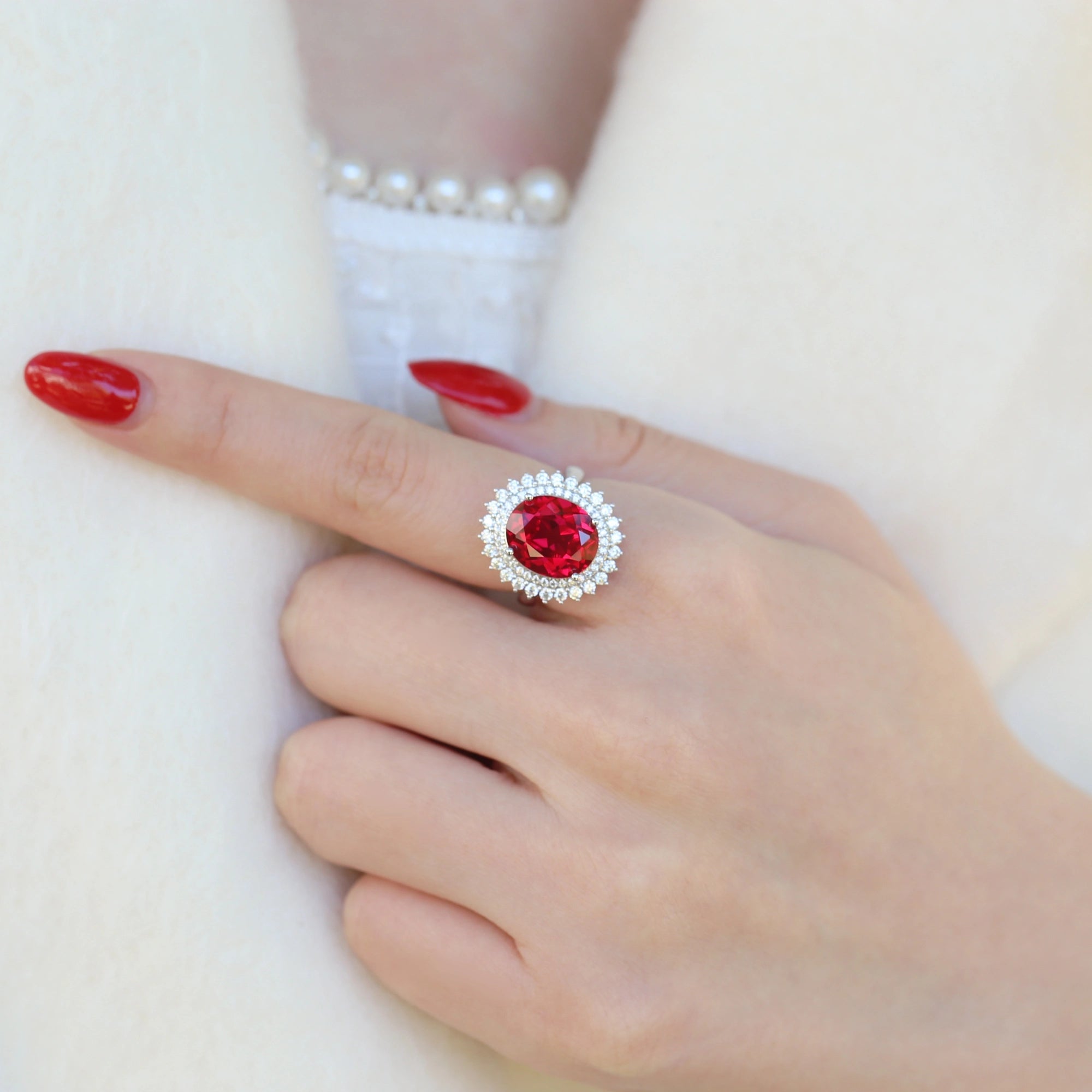 Luxury Oval Lab Created Ruby Ring for Women 925 Sterling Silver Double Halo Vintage Inspired Statement Ring