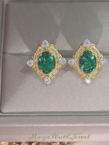Italian Vintage Lab Created Emerald Stud Earrings for Women | 925 Sterling Silver Gold Plated