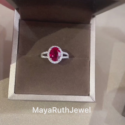 V Shaped Oval Lab Ruby Ring Slimming Sparkling Design