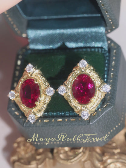 Italian Vintage Lab Ruby Stud Earrings in 925 Sterling Silver Gold Plated