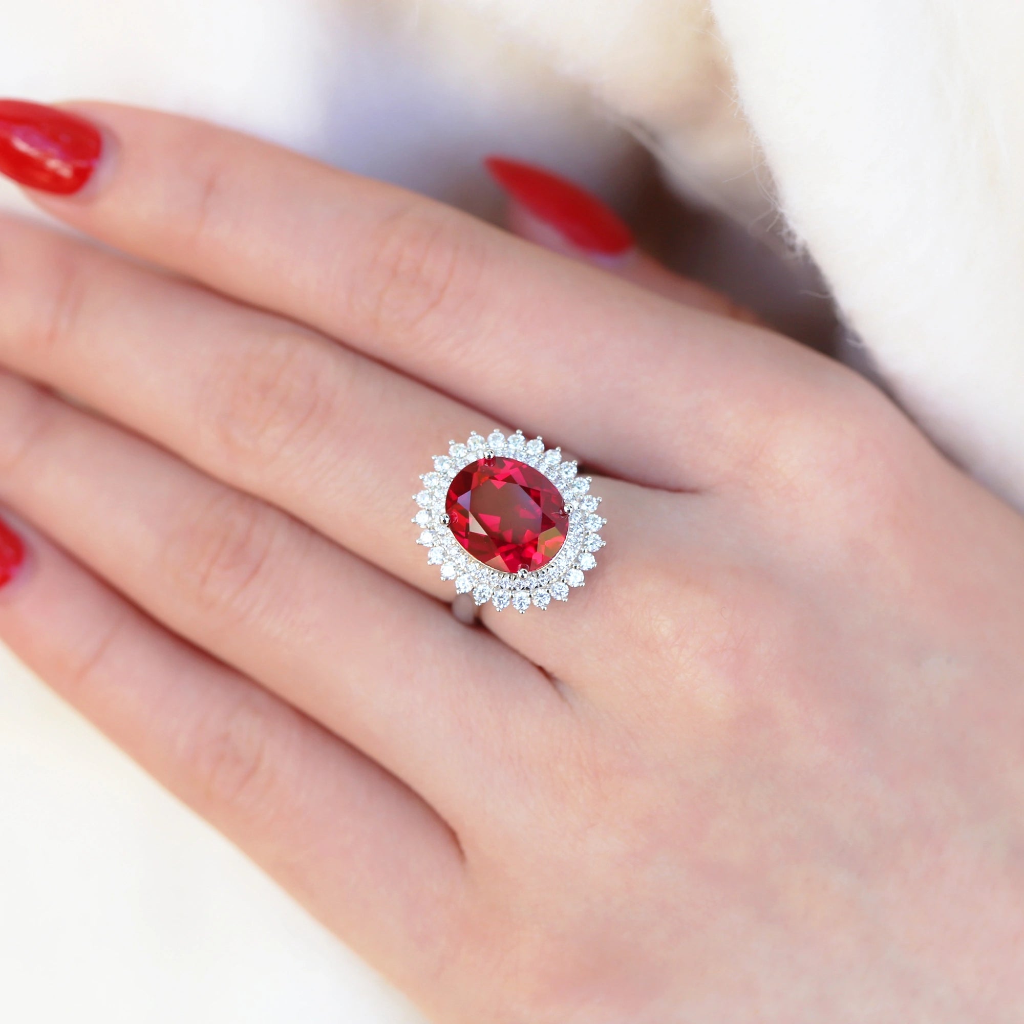 Luxury Oval Lab Created Ruby Ring for Women 925 Sterling Silver Double Halo Vintage Inspired Statement Ring