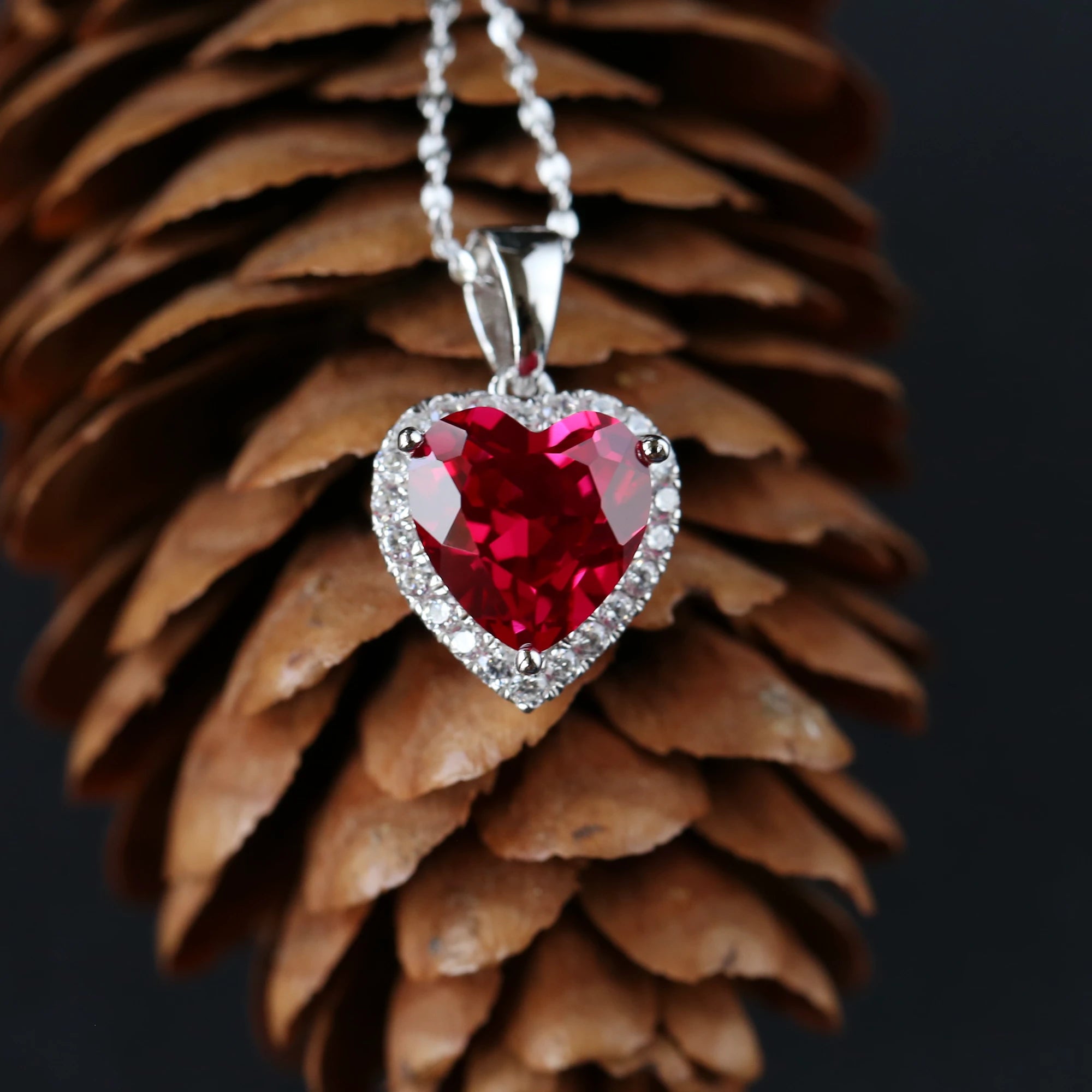 Heart Shaped Lab Created Ruby Halo Pendant Necklace | 925 Sterling Silver