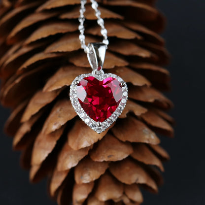 Heart Shaped Lab Created Ruby Halo Pendant Necklace | 925 Sterling Silver