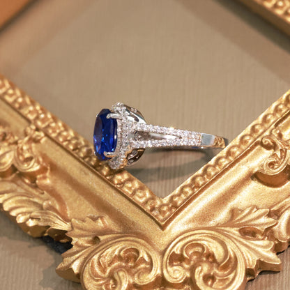 V Shaped Oval Created Sapphire Ring Slimming Sparkling Design