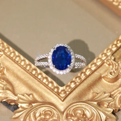 V Shaped Oval Created Sapphire Ring Slimming Sparkling Design